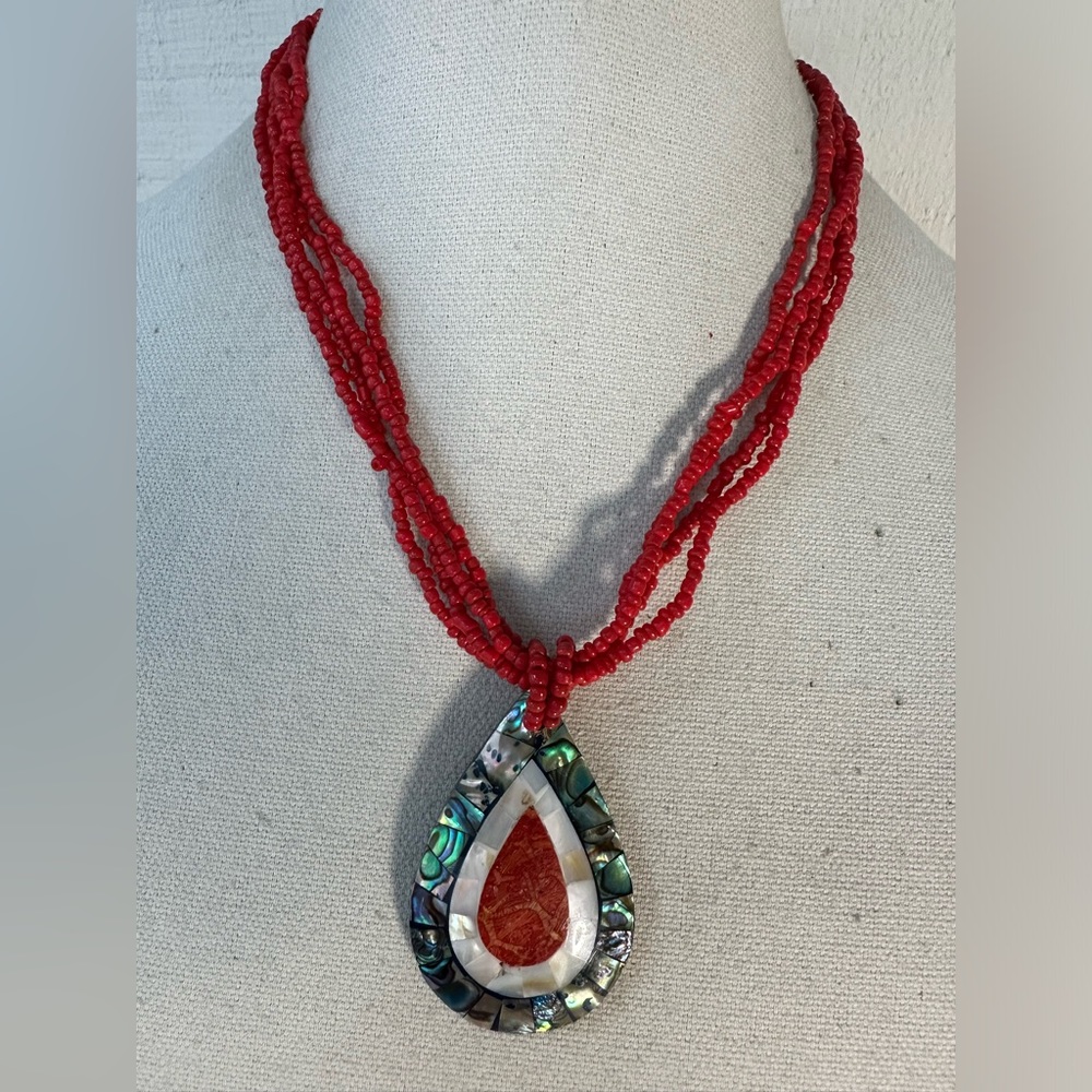 Red seed bead abalone shell mosaic pendant necklace